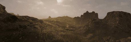 Rocky outcroppings punctuate fields of tall grass in a planet dominated by misty highland terrain.