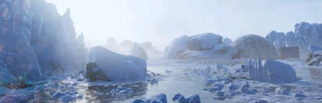Submerged in eternal winter, this world's frosty peaks glimmer in the light of its too-distant star.
